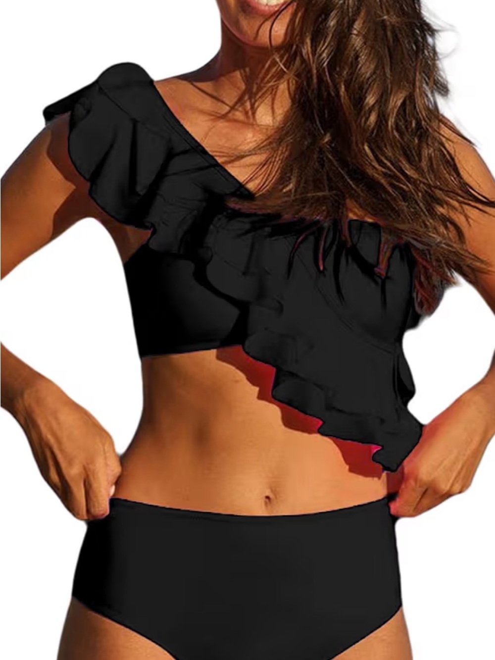 Black One-Shoulder Ruffle Bikini Top and High-Waist Bottom - Women's Swim